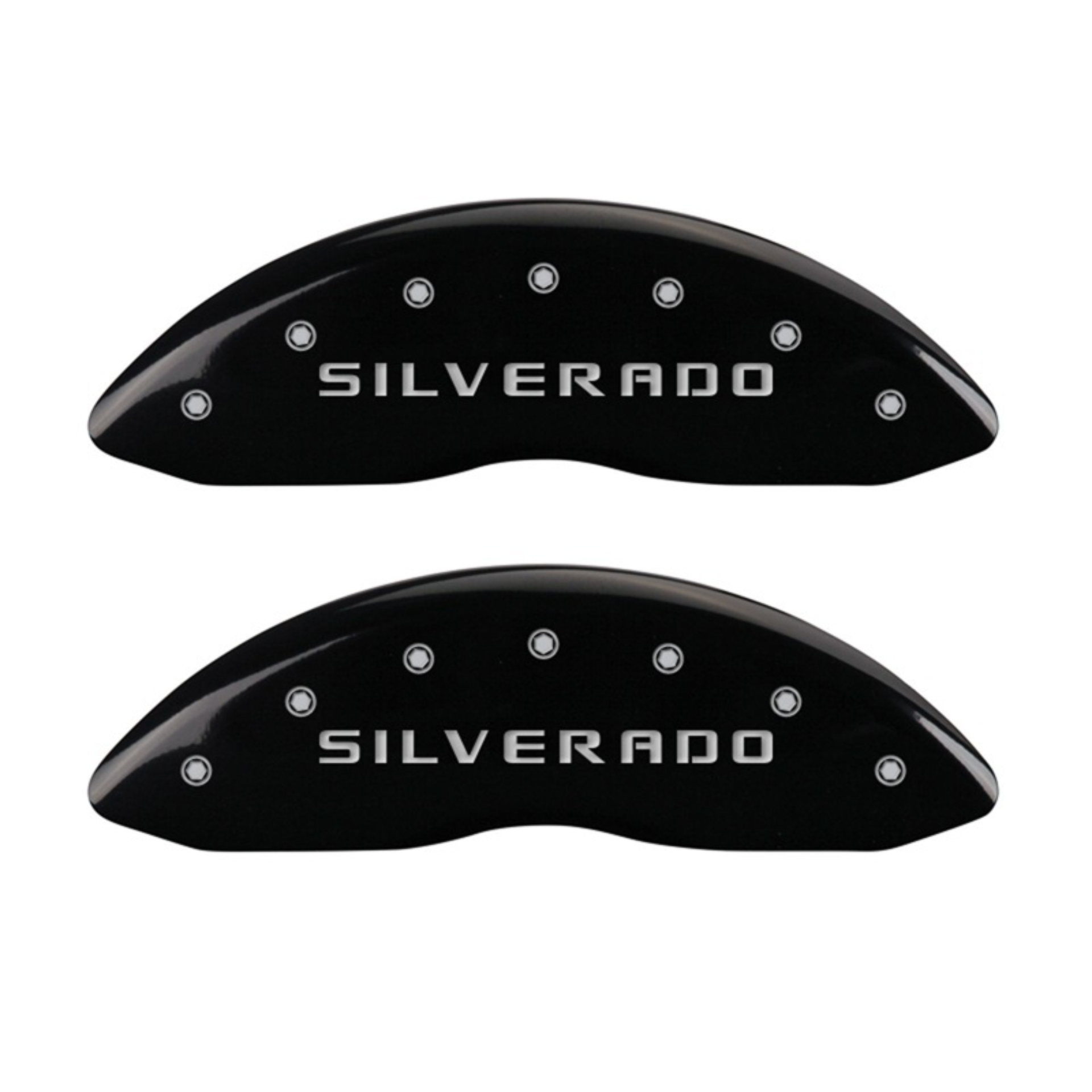 Picture of MGP Front set 2 Caliper Covers Engraved Front Silverado Black finish silver ch