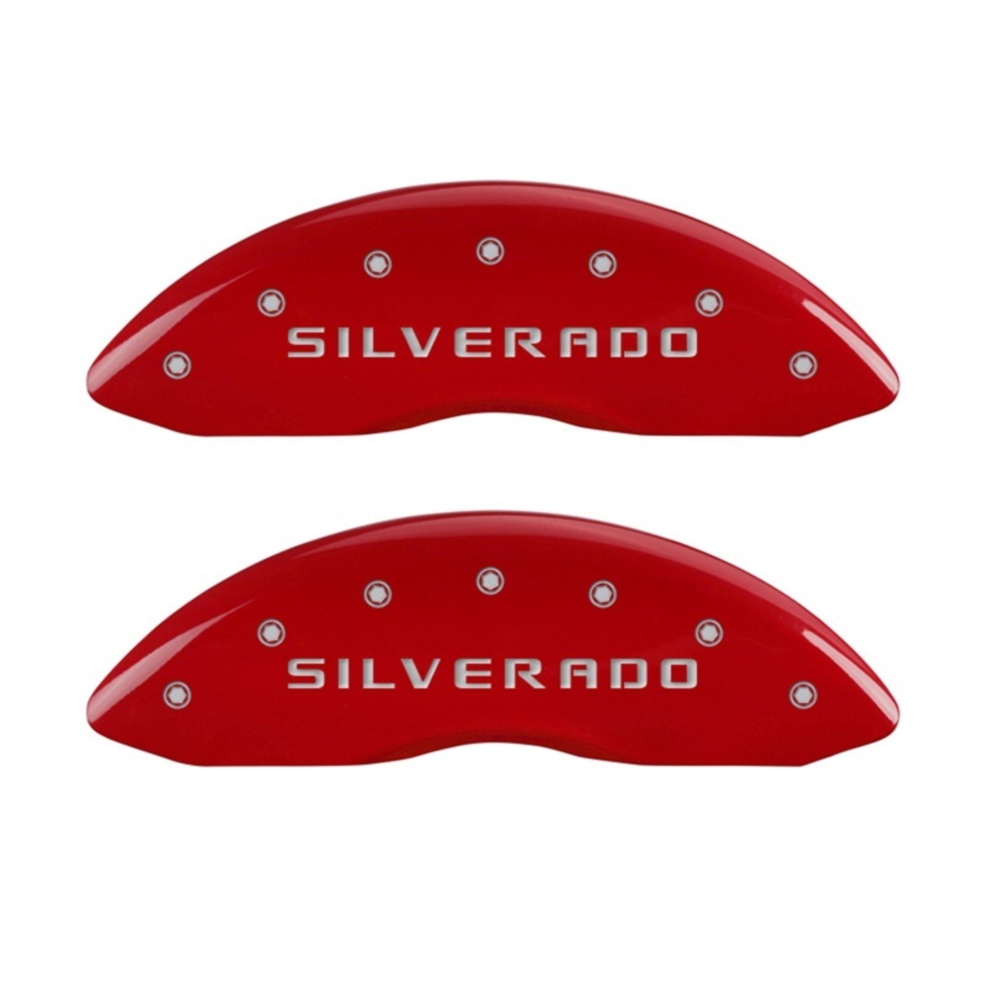 Picture of MGP Front set 2 Caliper Covers Engraved Front Silverado Red finish silver ch