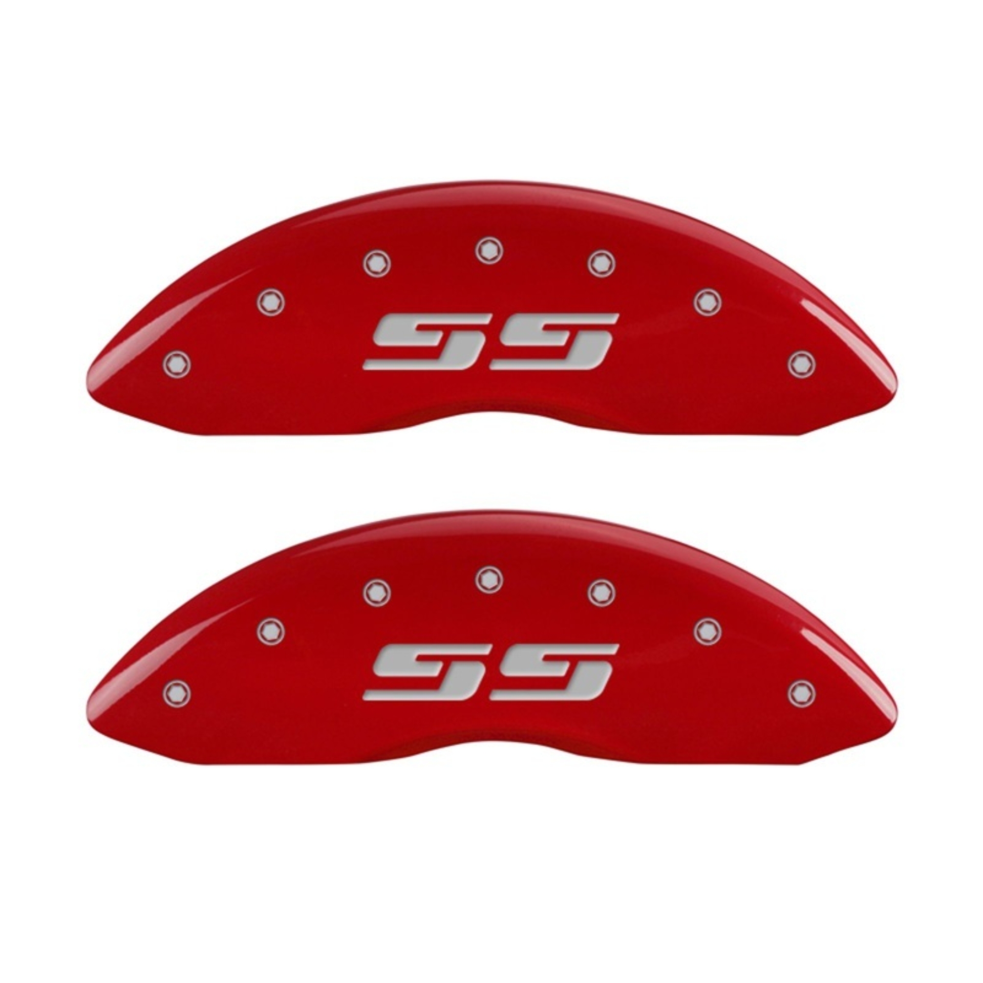 Picture of MGP Front set 2 Caliper Covers Engraved Front Silverado style-SS Red finish silver ch