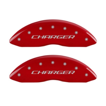 Picture of MGP 4 Caliper Covers Engraved Front & Rear Block-Charger Red finish silver ch