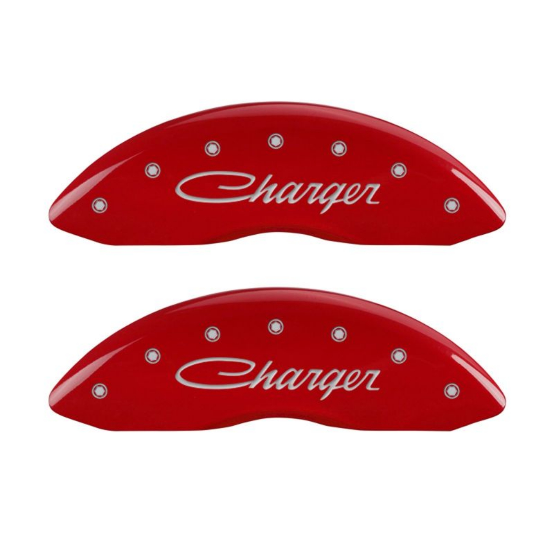 Picture of MGP 4 Caliper Covers Engraved Front & Rear Cursive-Charger Red finish silver ch