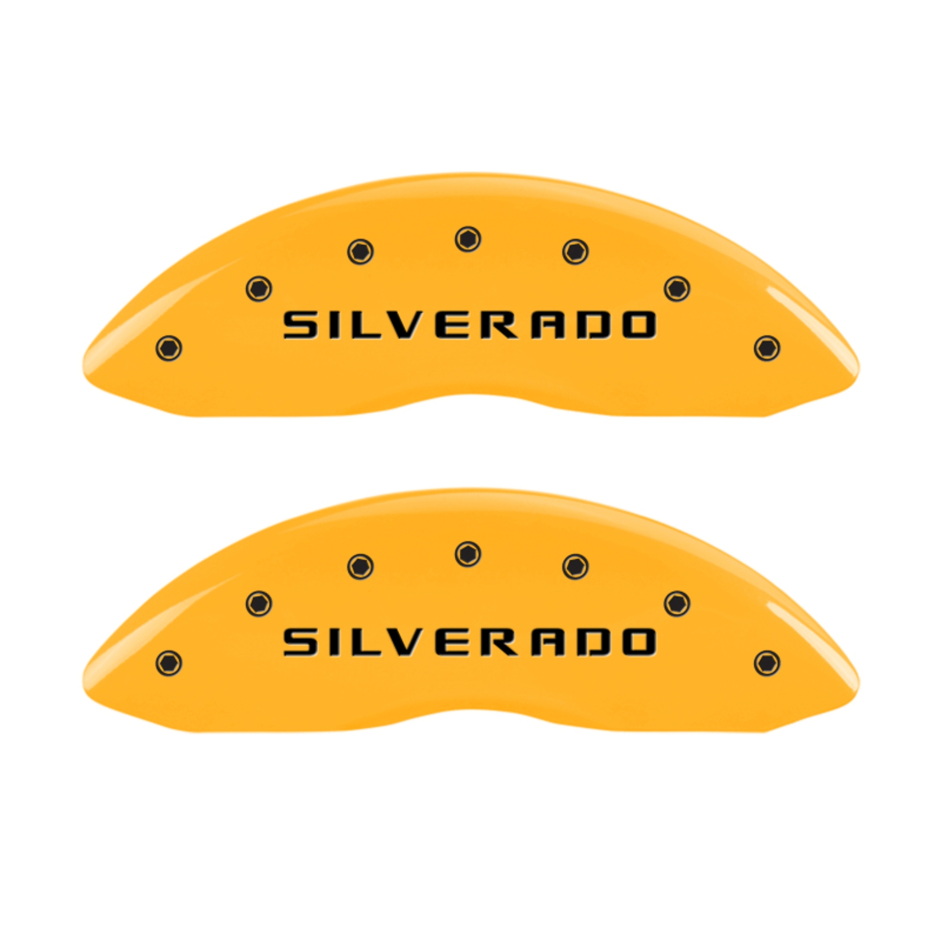 Picture of MGP 4 Caliper Covers Engraved Front & Rear Silverado Yellow finish black ch