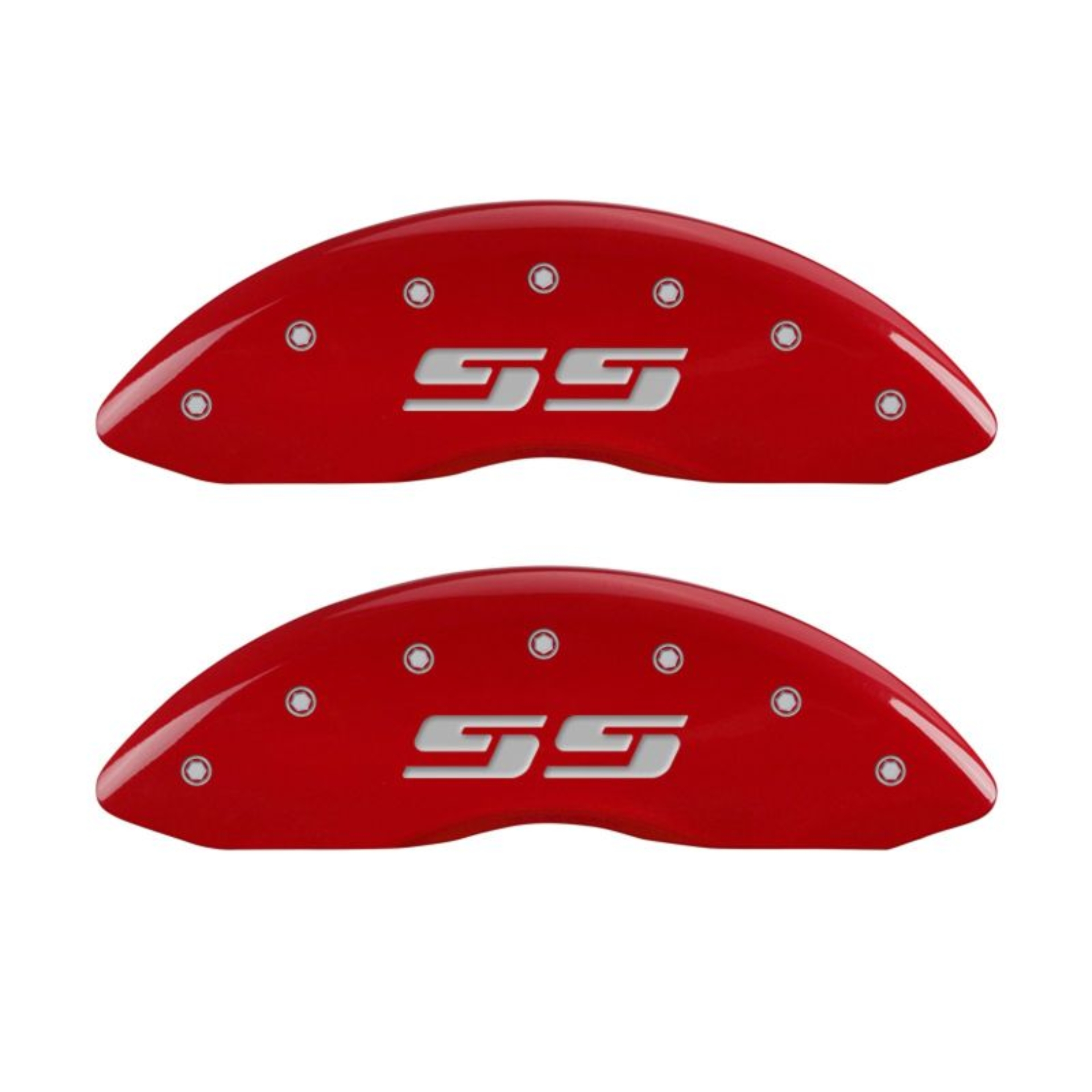 Picture of MGP 4 Caliper Covers Engraved Front & Rear Silverado style-SS Red finish silver ch