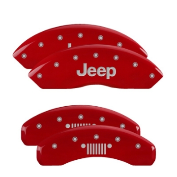 Picture of MGP 4 Caliper Covers Engraved Front JEEP Engraved Rear JEEP Grill logo Red finish silver ch