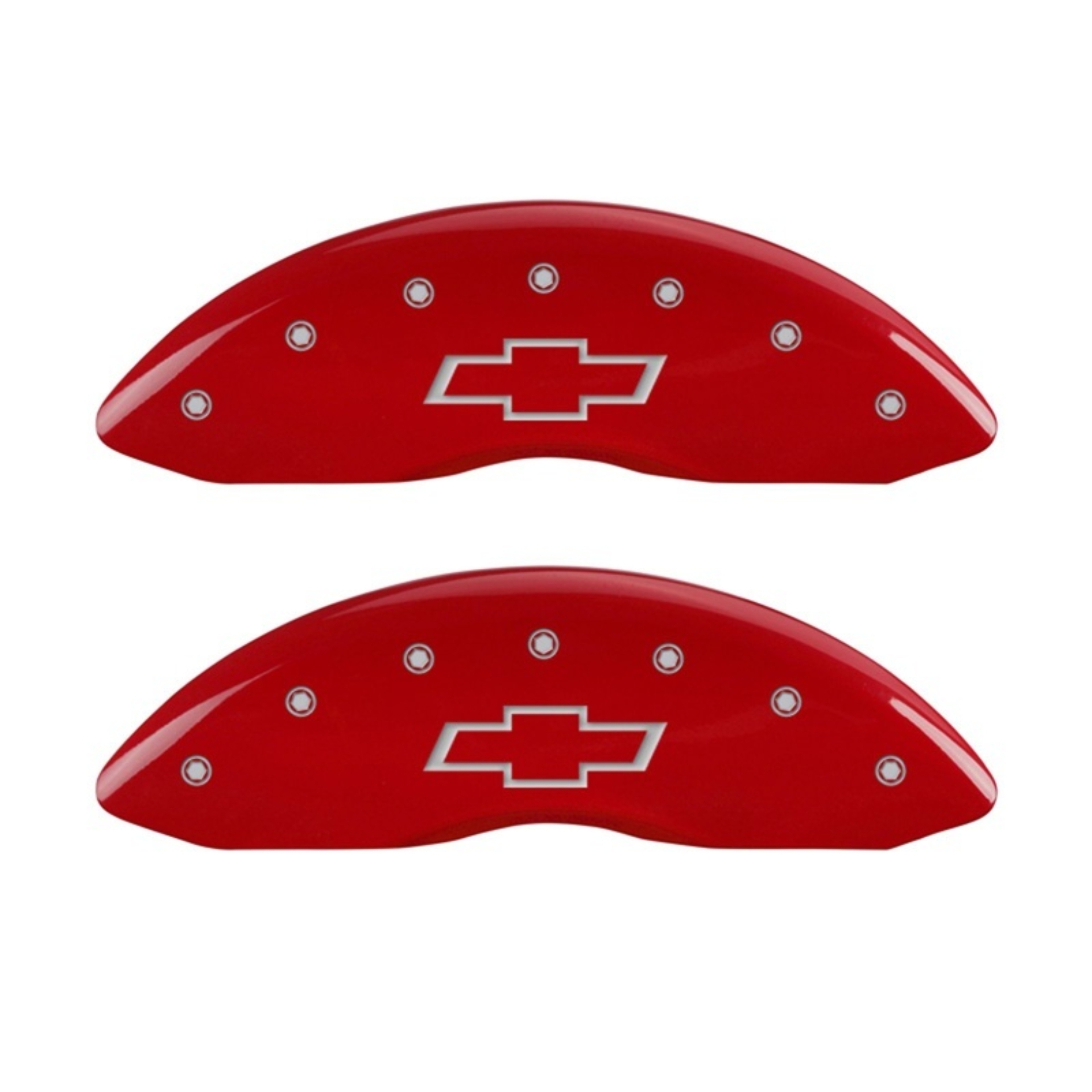 Picture of MGP Front set 2 Caliper Covers Engraved Front Bowtie Red finish silver ch