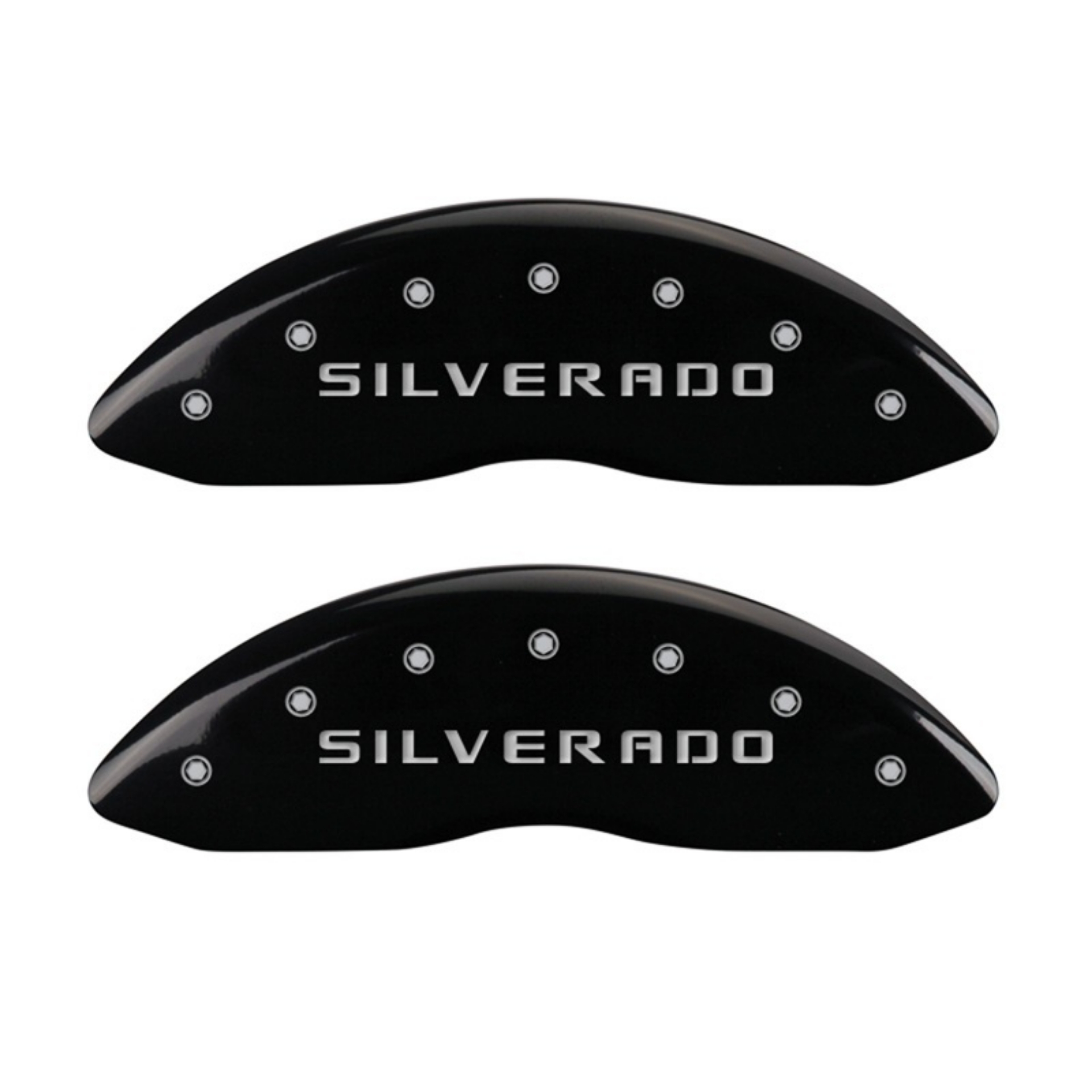 Picture of MGP Front set 2 Caliper Covers Engraved Front Silverado Black finish silver ch