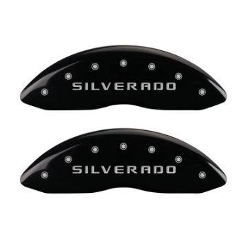 Picture of MGP Front set 2 Caliper Covers Engraved Front Silverado Black finish silver ch