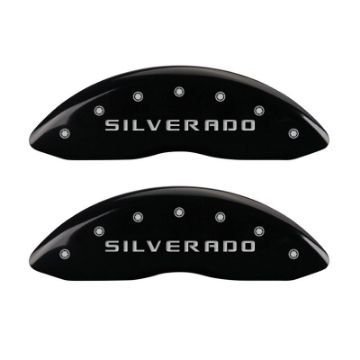 Picture of MGP Front set 2 Caliper Covers Engraved Front Silverado Black finish silver ch