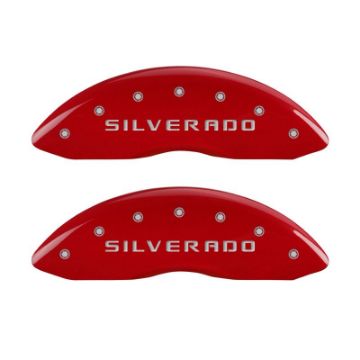 Picture of MGP Front set 2 Caliper Covers Engraved Front Silverado Red finish silver ch