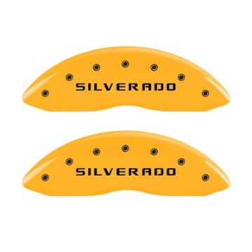 Picture of MGP Front set 2 Caliper Covers Engraved Front Silverado Yellow finish black ch