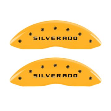 Picture of MGP Front set 2 Caliper Covers Engraved Front Silverado Yellow finish black ch