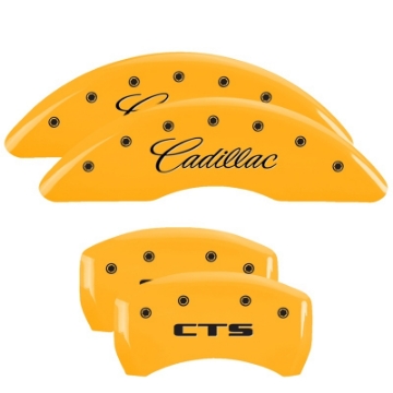 Picture of MGP 4 Caliper Covers Engraved Front & Rear Cursive-Cadillac Yellow finish black ch