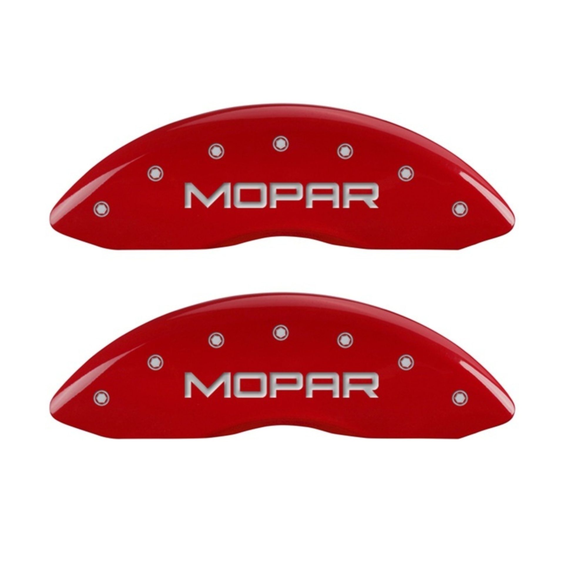 Picture of MGP Front set 2 Caliper Covers Engraved Front MOPAR Red finish silver ch