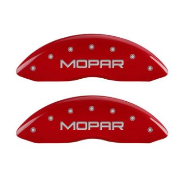 Picture of MGP Front set 2 Caliper Covers Engraved Front MOPAR Red finish silver ch
