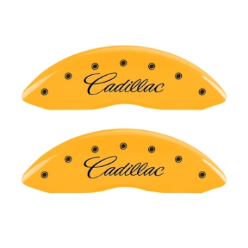 Picture of MGP 4 Caliper Covers Engraved Front & Rear Cursive-Cadillac Yellow finish black ch