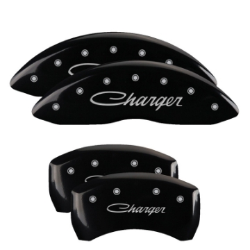 Picture of MGP 4 Caliper Covers Engraved Front & Rear Cursive-Challenger Black finish silver ch