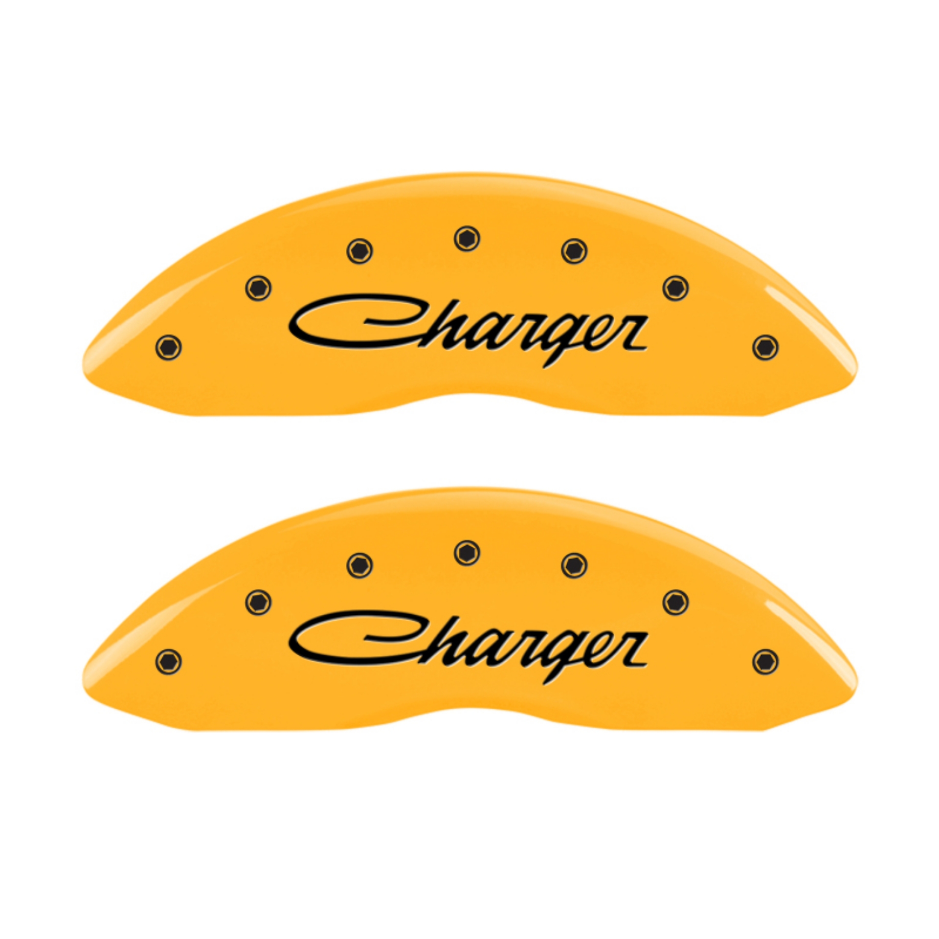 Picture of MGP 4 Caliper Covers Engraved Front & Rear Cursive-Charger Yellow finish black ch