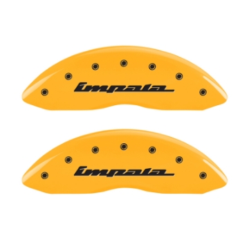Picture of MGP 4 Caliper Covers Engraved Front & Rear Impala Yellow finish black ch