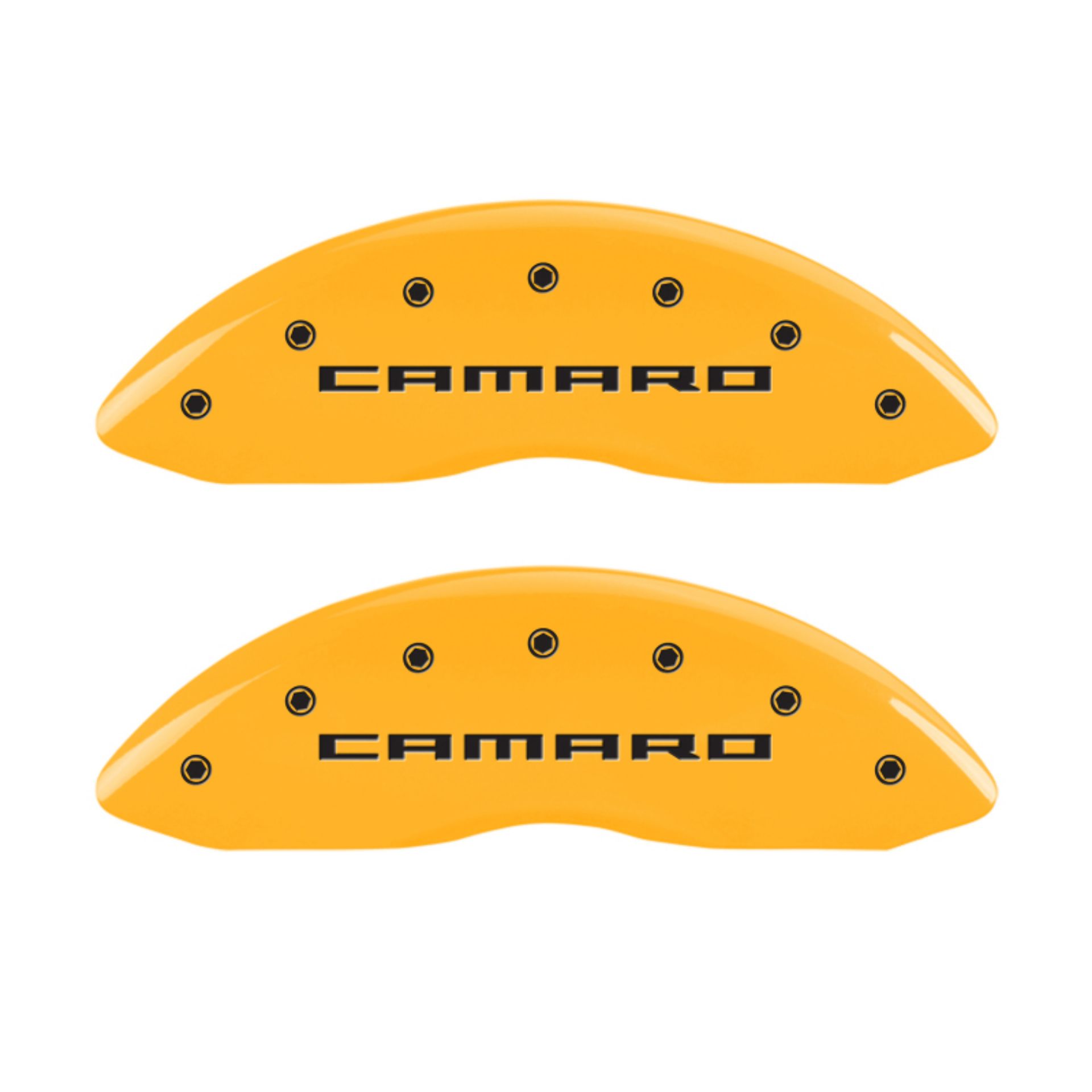 Picture of MGP 4 Caliper Covers Engraved Front & Rear Gen 5-Camaro Yellow finish black ch