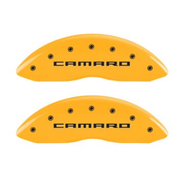 Picture of MGP 4 Caliper Covers Engraved Front & Rear Gen 5-Camaro Yellow finish black ch