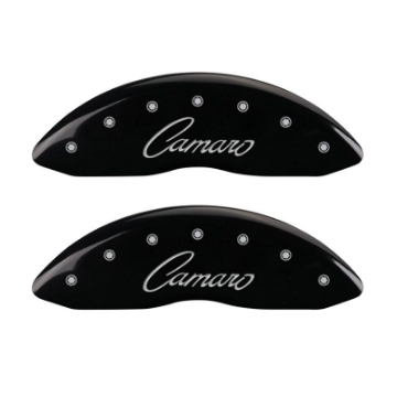 Picture of MGP 4 Caliper Covers Engraved Front & Rear Cursive-Camaro Black finish silver ch