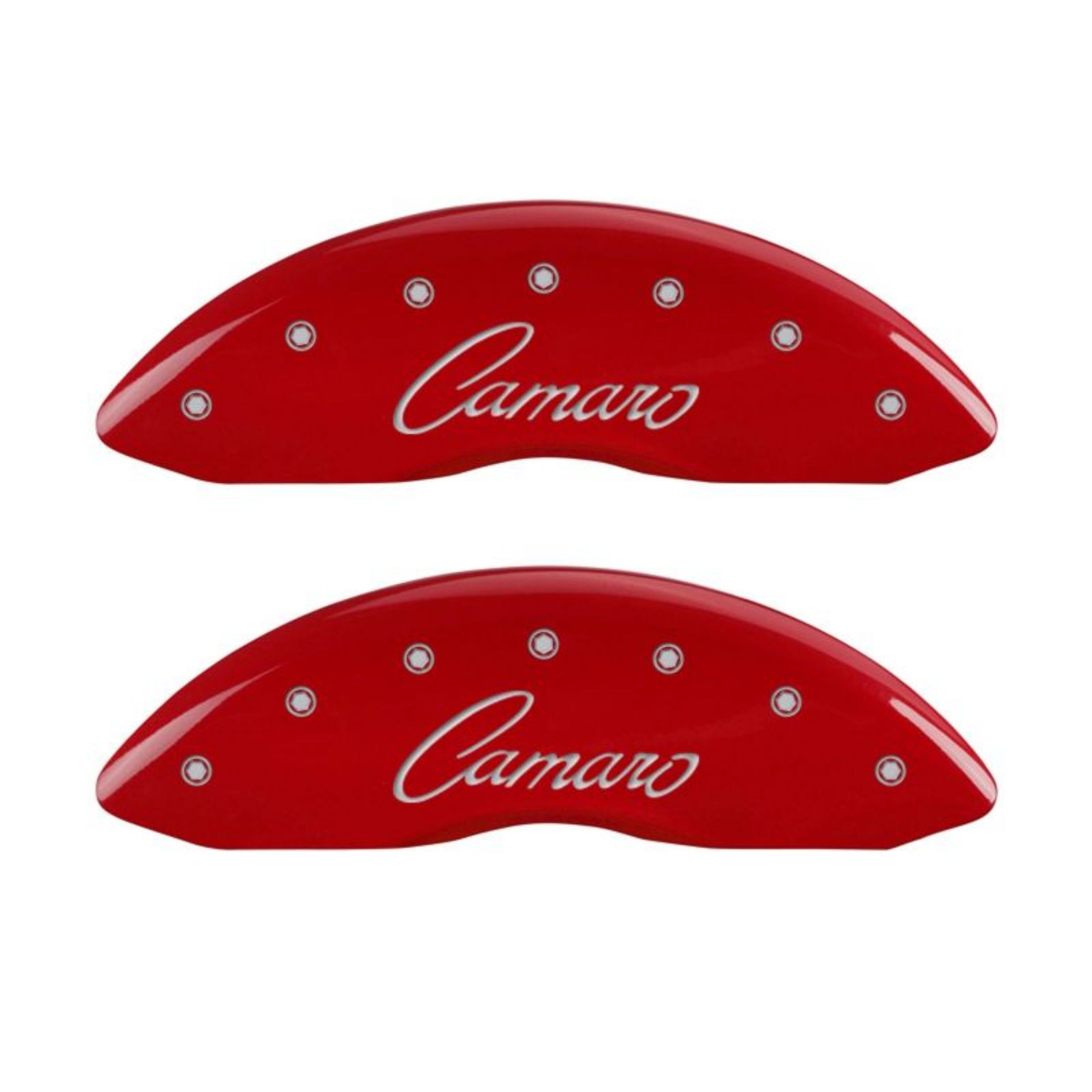 Picture of MGP 4 Caliper Covers Engraved Front & Rear Cursive-Camaro Red finish silver ch