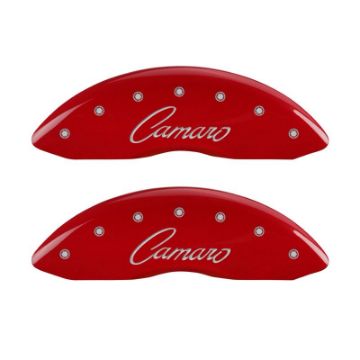 Picture of MGP 4 Caliper Covers Engraved Front & Rear Cursive-Camaro Red finish silver ch