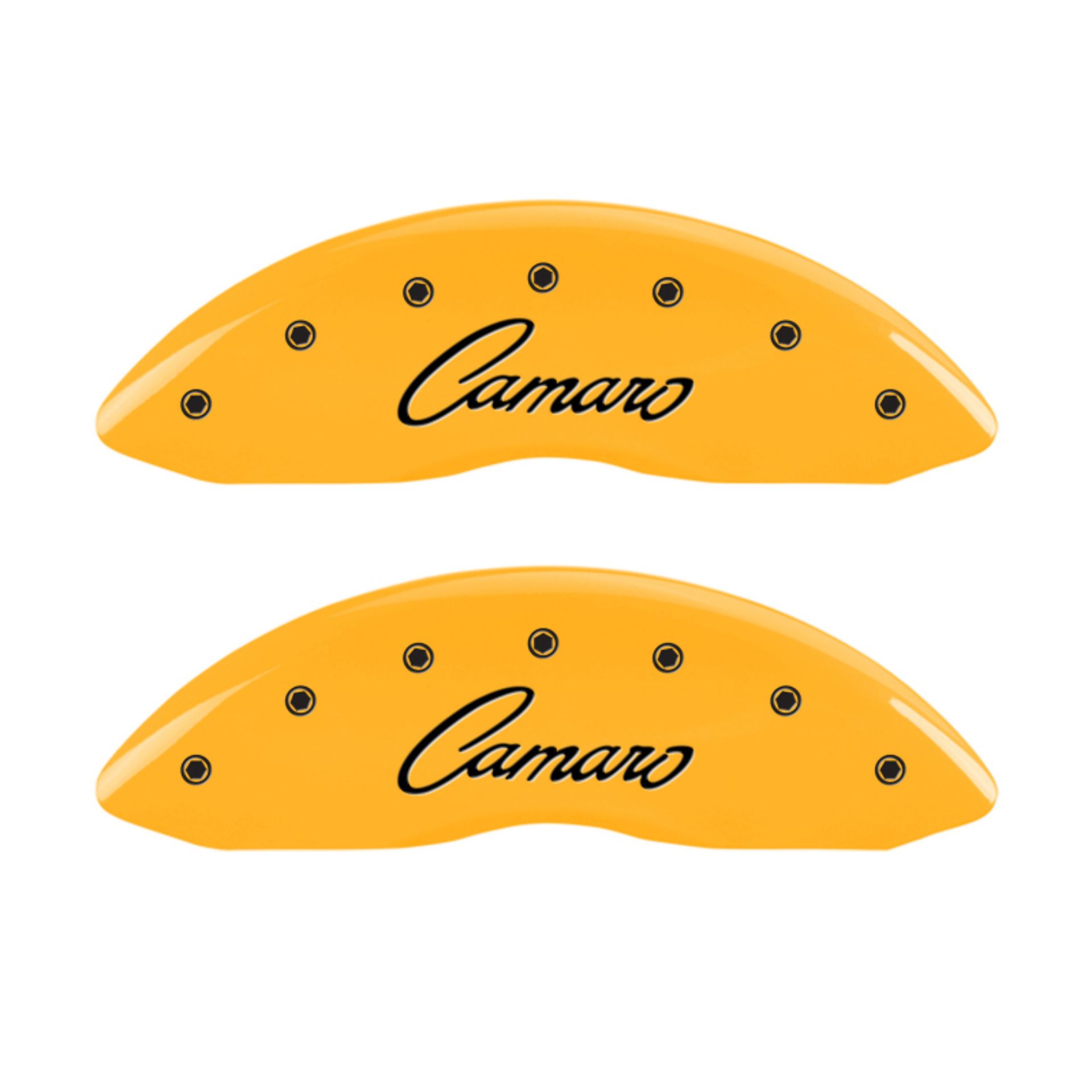 Picture of MGP 4 Caliper Covers Engraved Front & Rear Cursive-Camaro Yellow finish black ch
