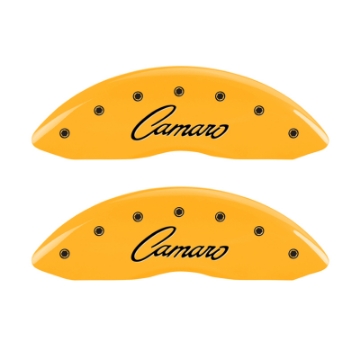 Picture of MGP 4 Caliper Covers Engraved Front & Rear Cursive-Camaro Yellow finish black ch