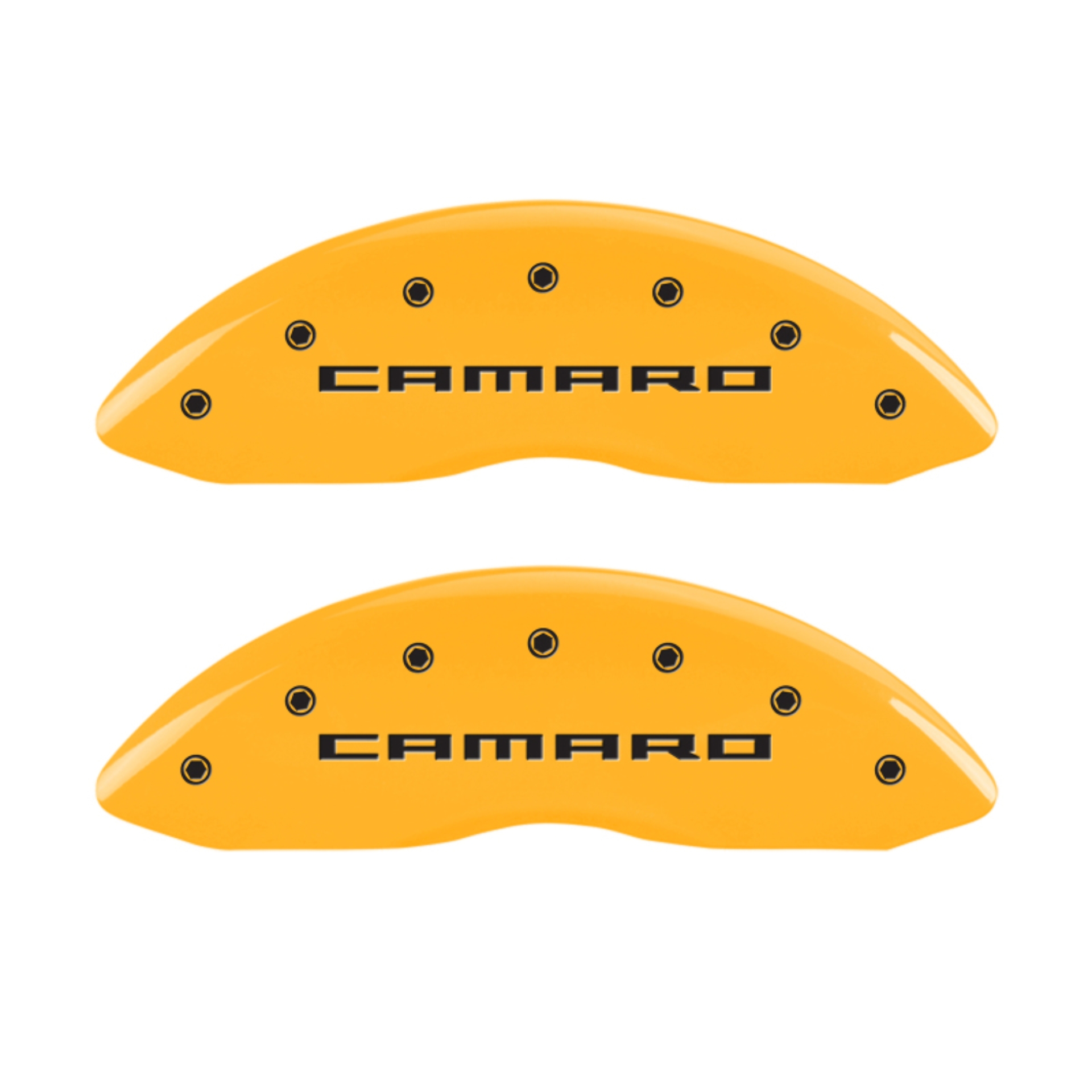 Picture of MGP 4 Caliper Covers Engraved Front Gen 5-Camaro Engraved Rear Gen 5-RS Yellow finish black ch