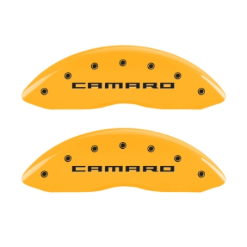 Picture of MGP 4 Caliper Covers Engraved Front Gen 5-Camaro Engraved Rear Gen 5-RS Yellow finish black ch