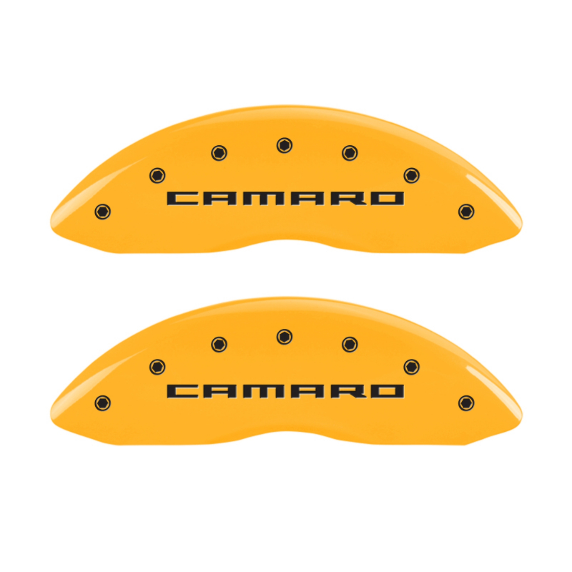 Picture of MGP 4 Caliper Covers Engraved Front & Rear Gen 5-Camaro Yellow finish black ch