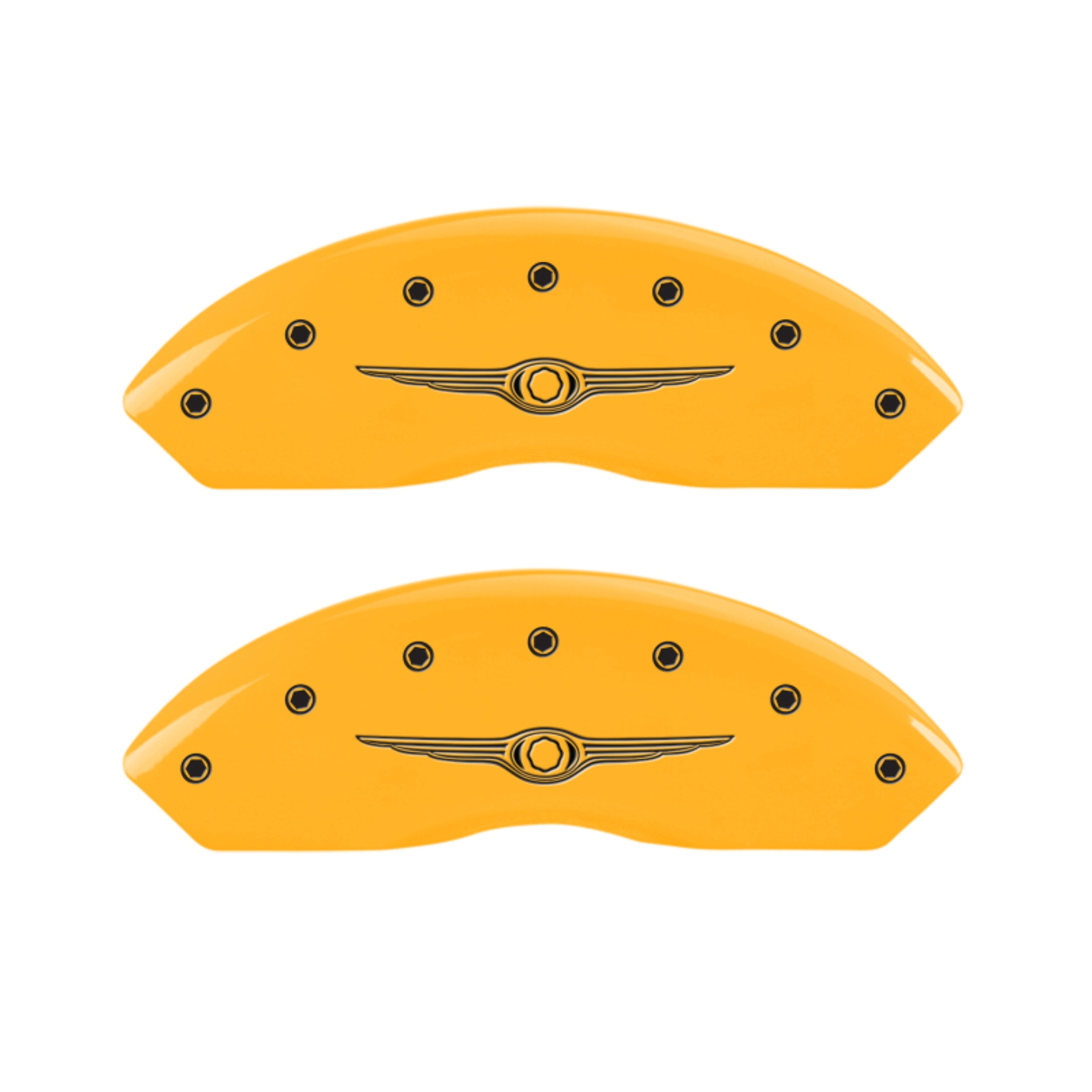 Picture of MGP 4 Caliper Covers Engraved Front & Rear Style 1-Chrysler Wing Yellow finish black ch