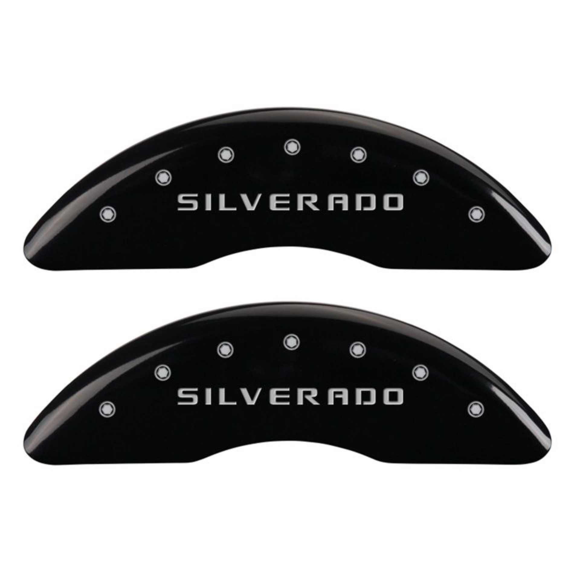 Picture of MGP 4 Caliper Covers Engraved Front & Rear Silverado Black finish silver ch
