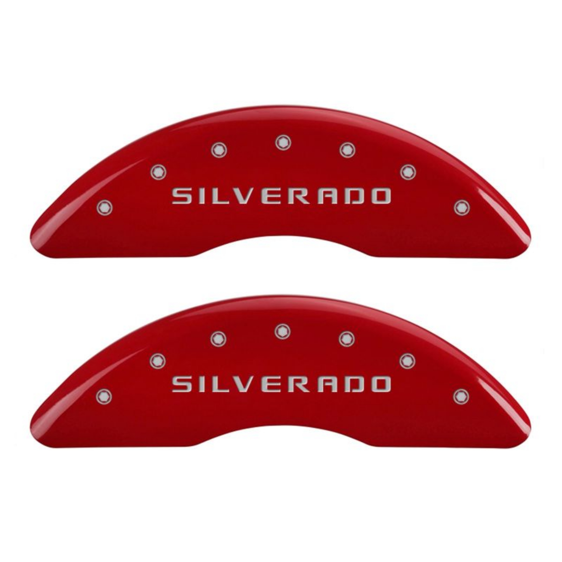 Picture of MGP 4 Caliper Covers Engraved Front & Rear Silverado Red finish silver ch