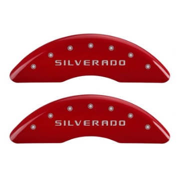 Picture of MGP 4 Caliper Covers Engraved Front & Rear Silverado Red finish silver ch