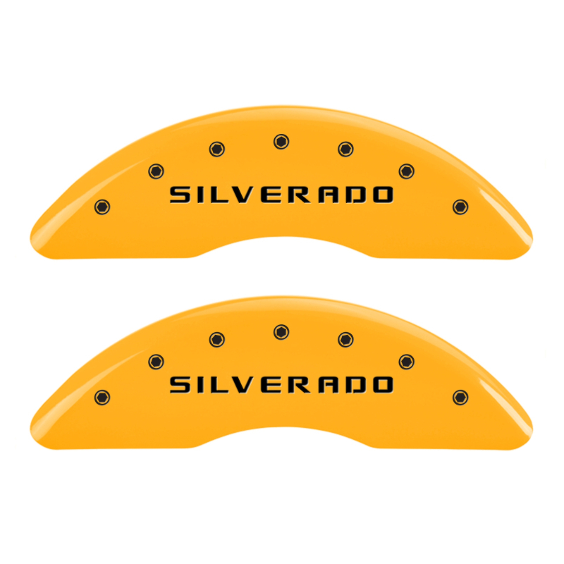 Picture of MGP 4 Caliper Covers Engraved Front & Rear Silverado Yellow finish black ch