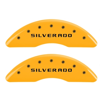 Picture of MGP 4 Caliper Covers Engraved Front & Rear Silverado Yellow finish black ch