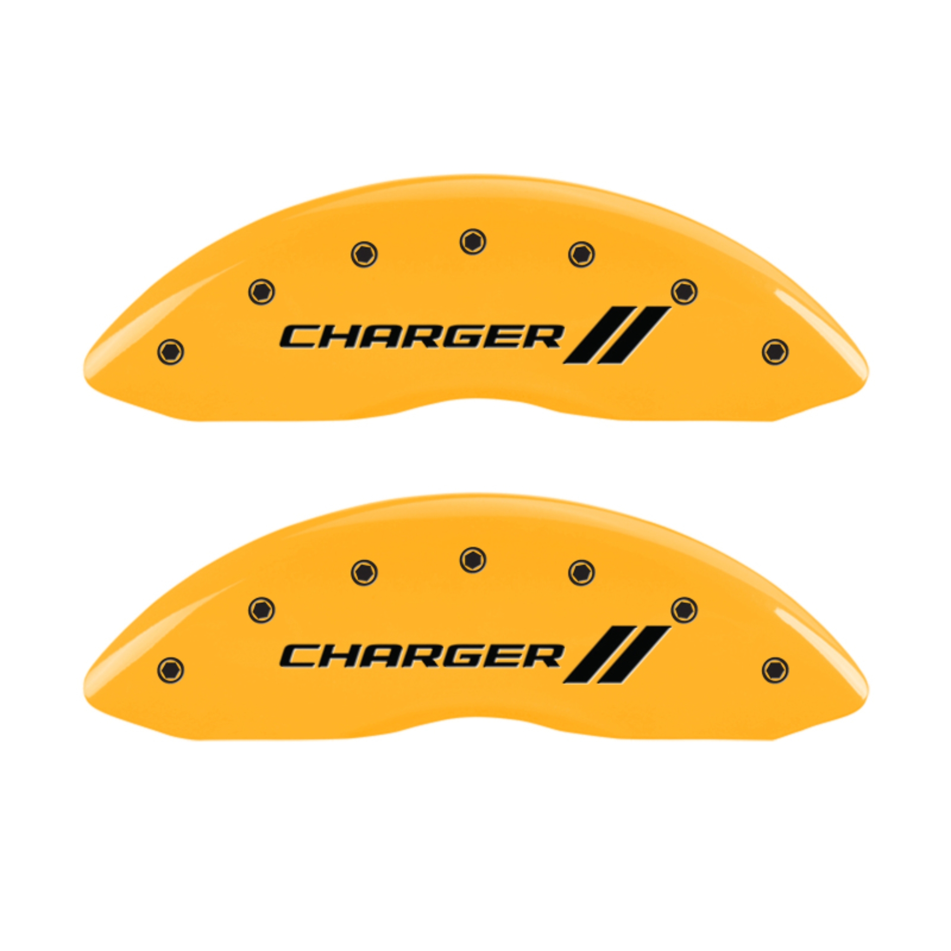 Picture of MGP 4 Caliper Covers Engraved Front & Rear With stripes-Charger Yellow finish black ch