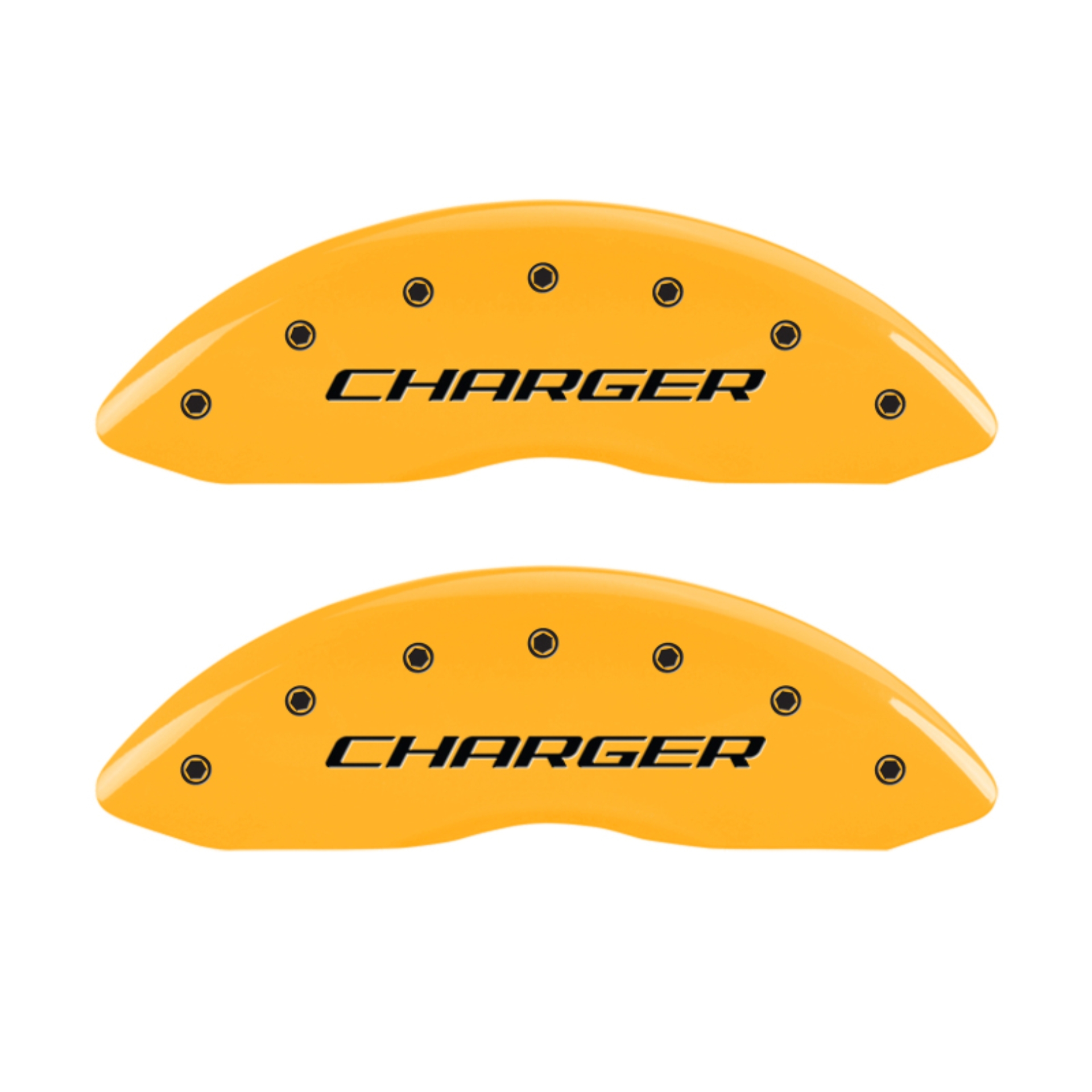 Picture of MGP 4 Caliper Covers Engraved Front Charger Engraved Rear RT Yellow finish black ch