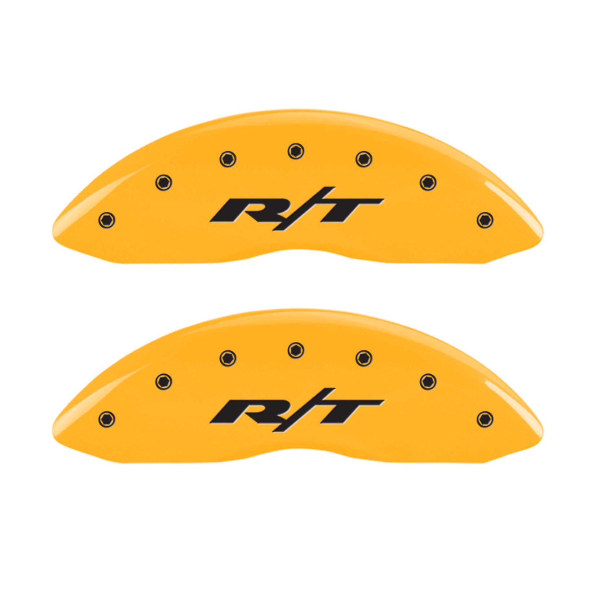Picture of MGP 4 Caliper Covers Engraved Front & Rear RT1-Truck Yellow finish black ch