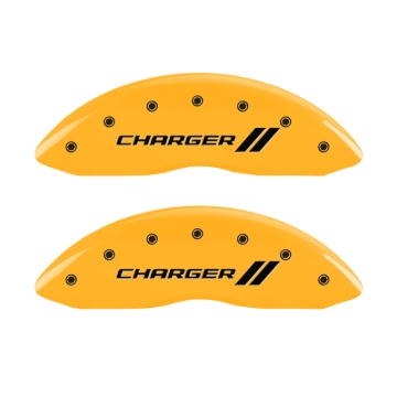 Picture of MGP 4 Caliper Covers Engraved Front & Rear With stripes-Charger Yellow finish black ch