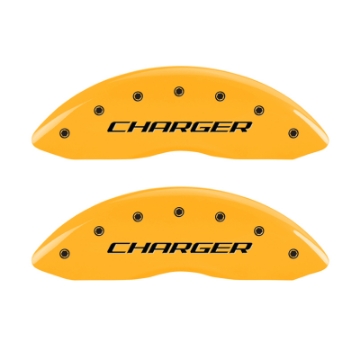 Picture of MGP 4 Caliper Covers Engraved Front & Rear Block-Charger Yellow finish black ch