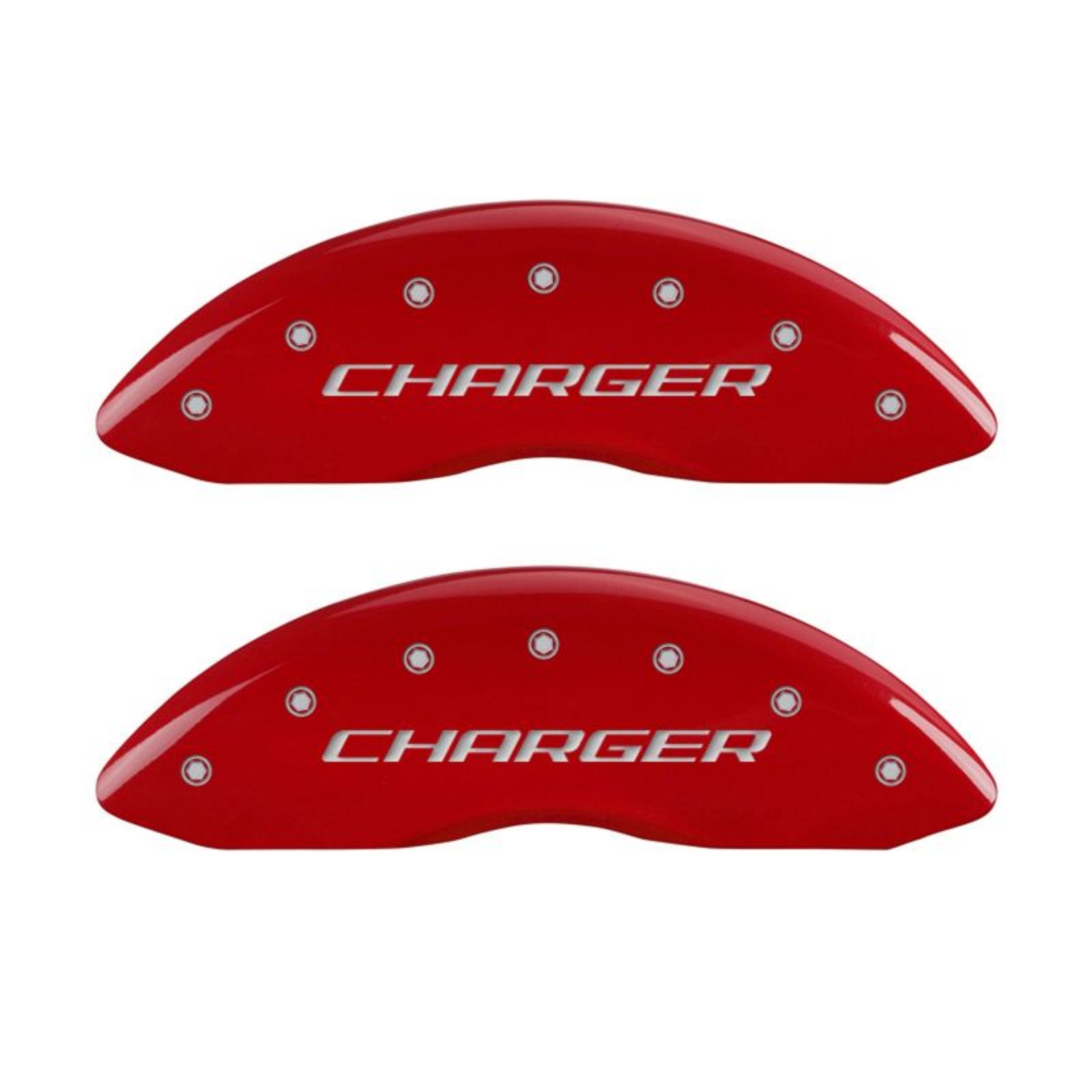 Picture of MGP 4 Caliper Covers Engraved Front Charger Engraved Rear RT Red finish silver ch