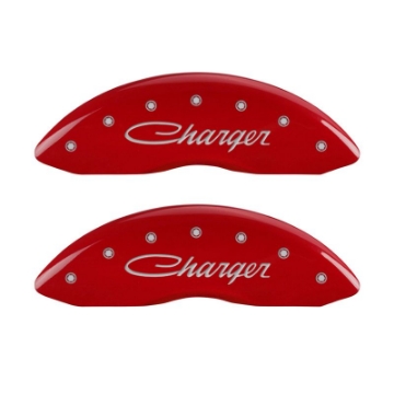 Picture of MGP 4 Caliper Covers Engraved Front & Rear Cursive-Charger Red finish silver ch