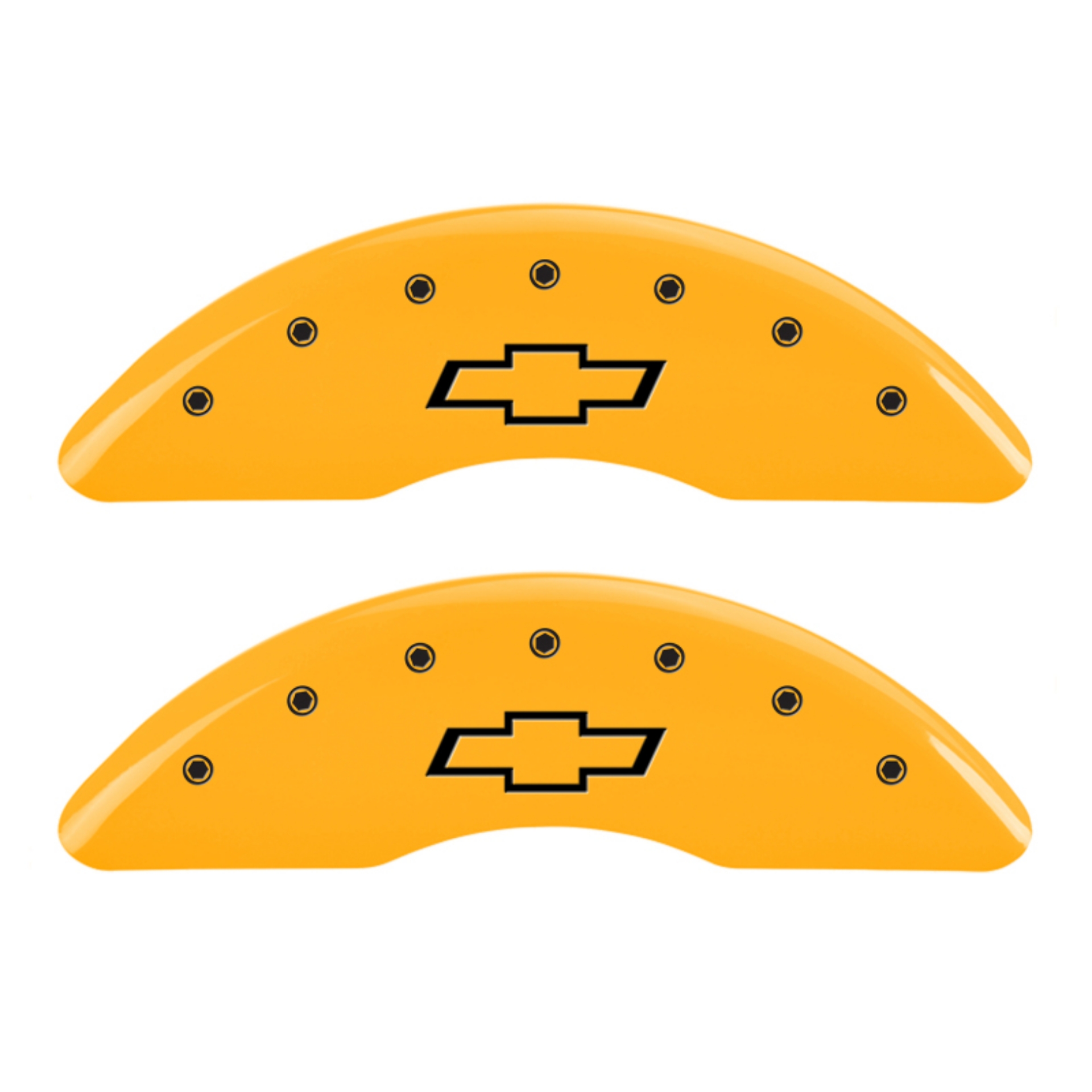 Picture of MGP 4 Caliper Covers Engraved Front & Rear Bowtie Yellow finish black ch