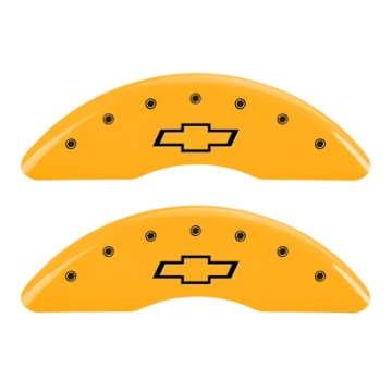 Picture of MGP 4 Caliper Covers Engraved Front & Rear Bowtie Yellow finish black ch
