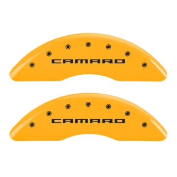 Picture of MGP 4 Caliper Covers Engraved Front Gen 5-Camaro Engraved Rear Gen 5-Z28 Yellow finish black ch