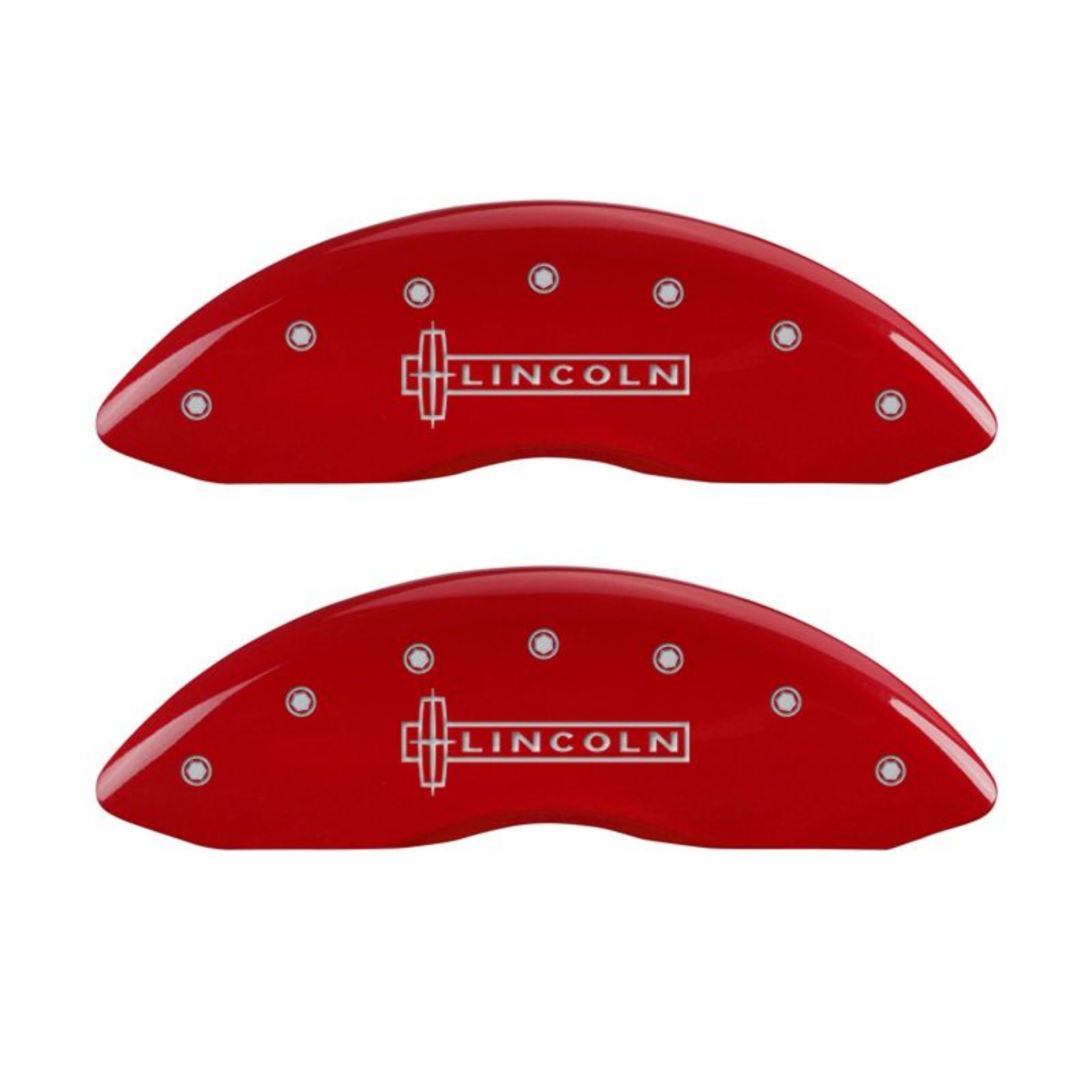 Picture of MGP 4 Caliper Covers Engraved Front Lincoln Engraved Rear MKS Red finish silver ch