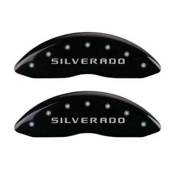 Picture of MGP 4 Caliper Covers Engraved Front & Rear Silverado Black finish silver ch